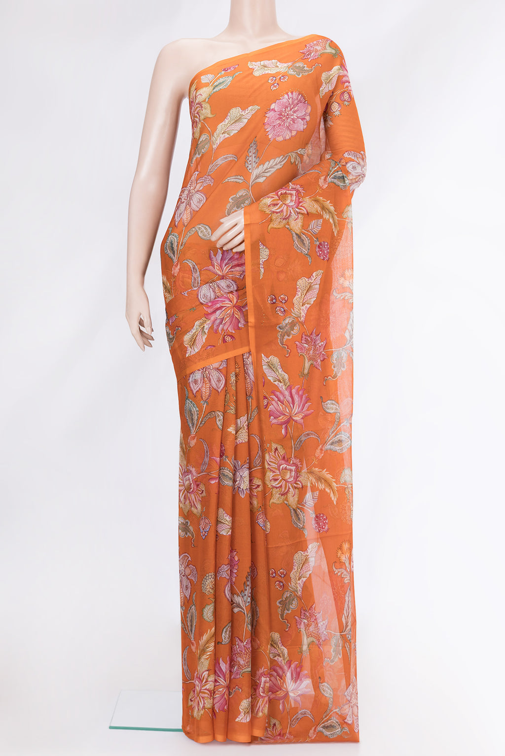 Orange Mysore Chiffon Saree with Floral Print on the body and Without Border.  displayed on a mannequin