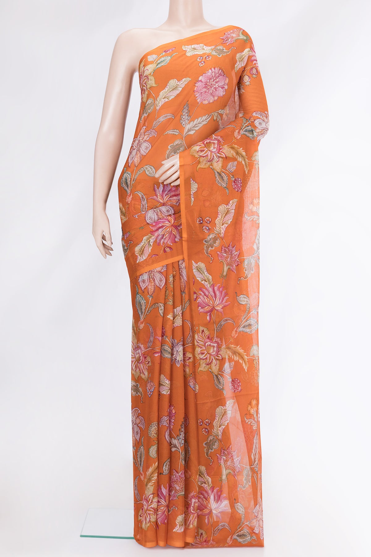 Orange Mysore Chiffon Saree with Floral Print on the body and Without Border.  displayed on a mannequin