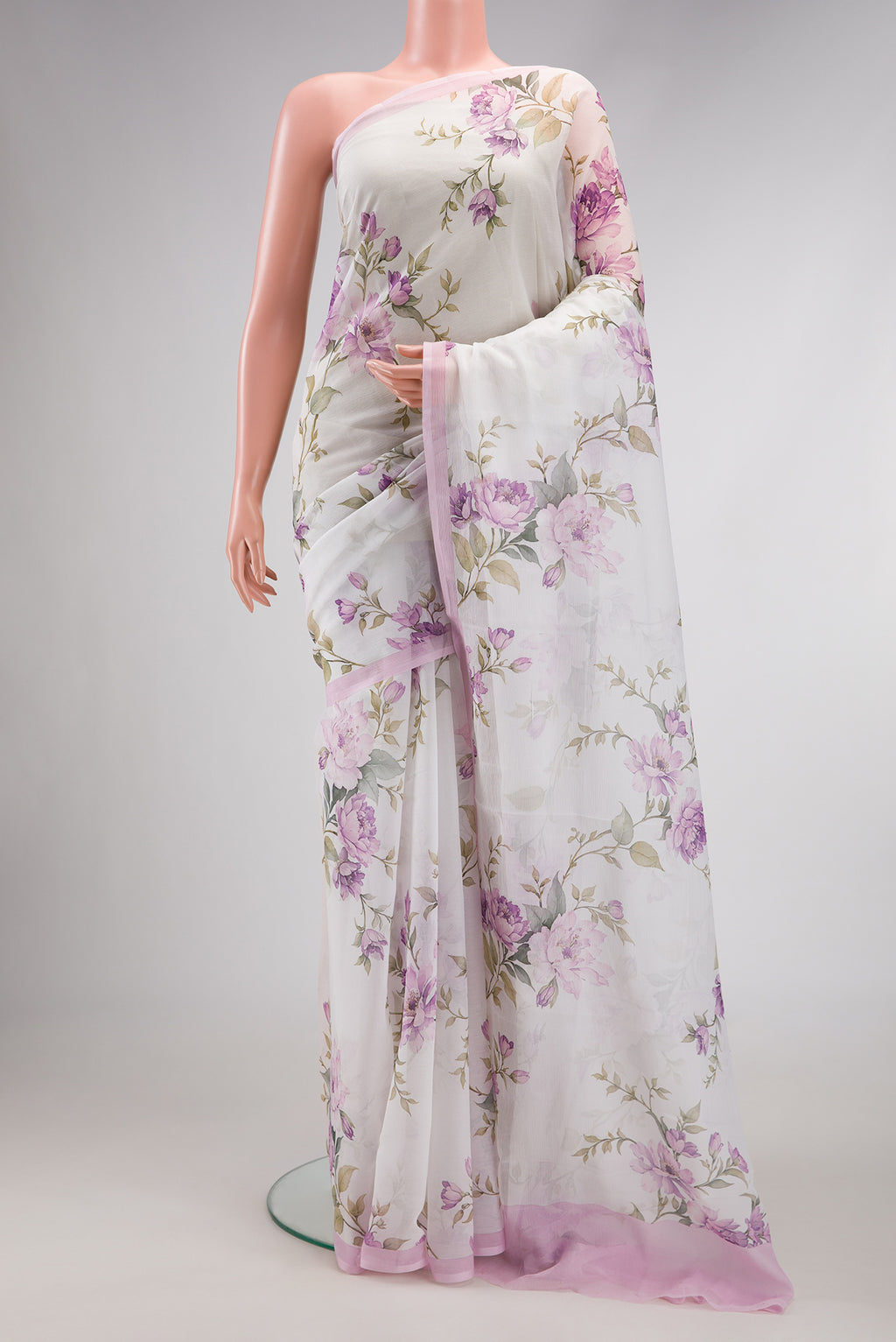 Off White Dual Tone Mysore Chiffon Saree with Printed design on the body and Plain Border.  displayed on a mannequin
