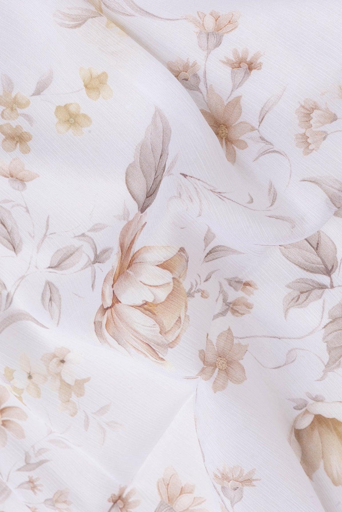 Close up of Off White Dual Tone Mysore Chiffon Saree with Printed design on the body and Plain Border.  displaying folds