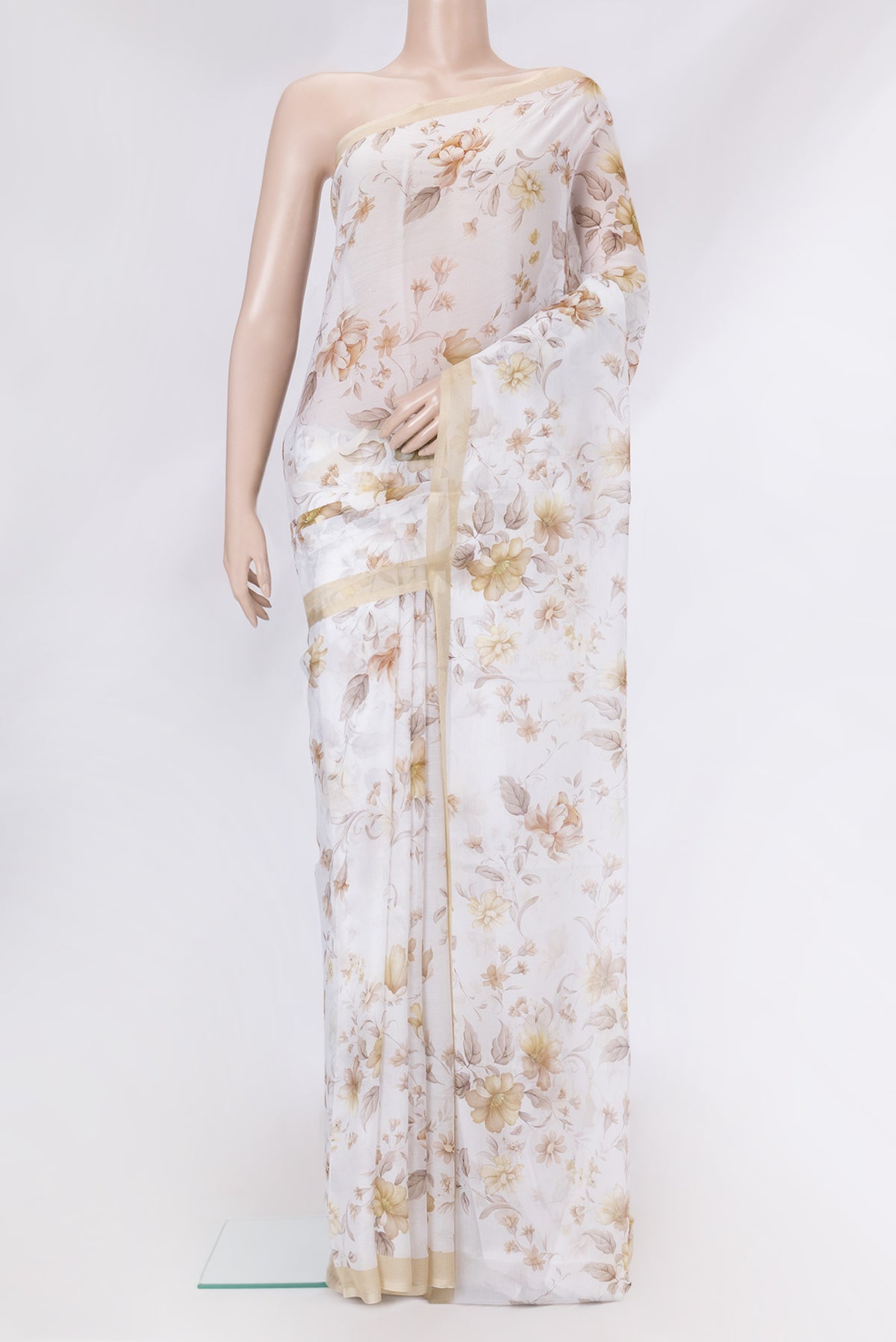 Off White Dual Tone Mysore Chiffon Saree with Printed design on the body and Plain Border.  displayed on a mannequin