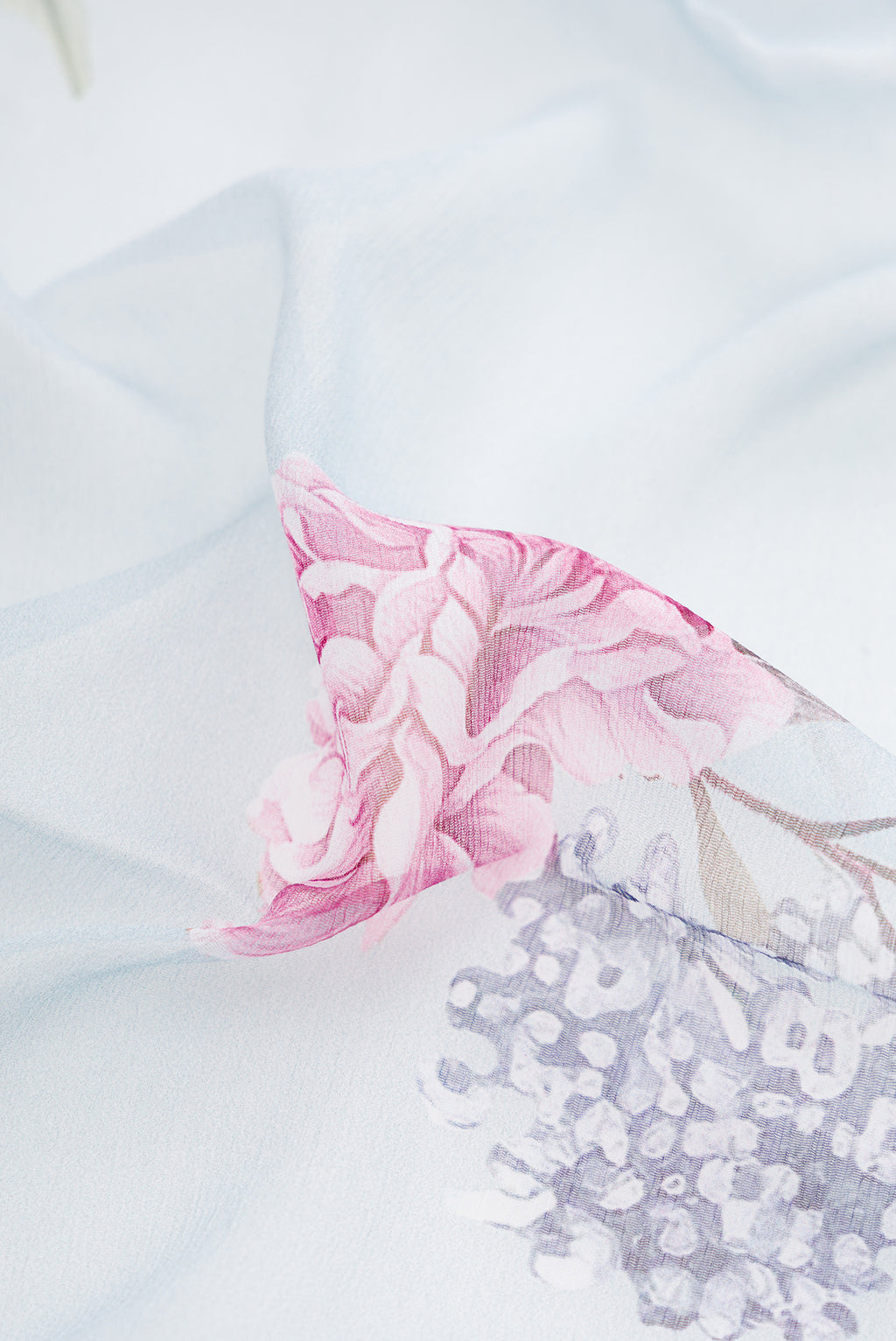 Close up of Light Blue Mysore Chiffon Saree with Floral Print on the body and Without Border.  displaying folds