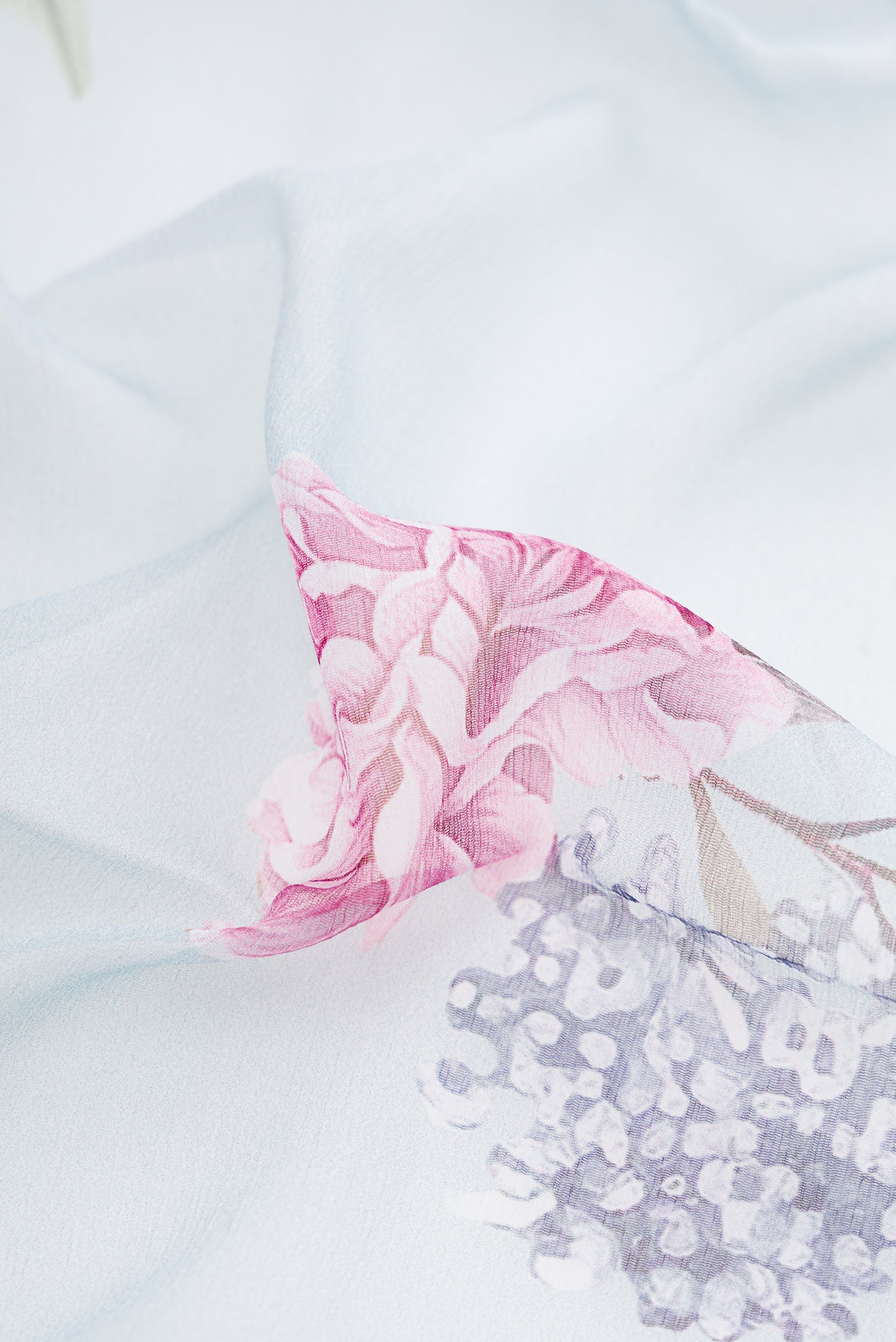 Close up of Light Blue Mysore Chiffon Saree with Floral Print on the body and Without Border.  displaying folds