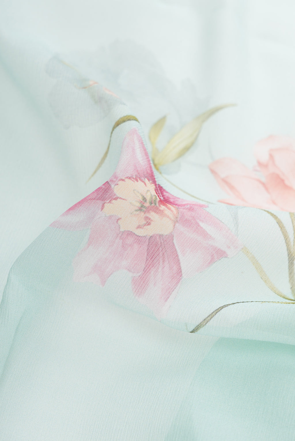 Close up of Light Green Dual Tone Mysore Chiffon Saree with Printed design on the body and Plain Border.  displaying folds