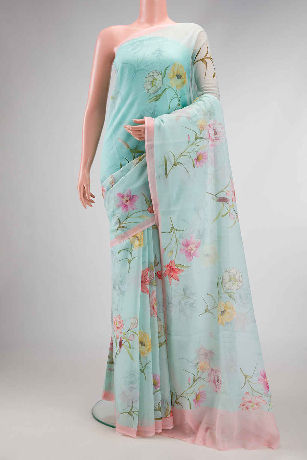 Light Green Dual Tone Mysore Chiffon Saree with Printed design on the body and Plain Border.  displayed on a mannequin