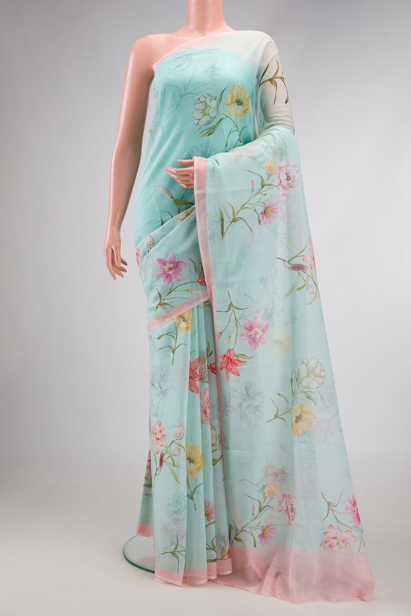 Light Green Dual Tone Mysore Chiffon Saree with Printed design on the body and Plain Border.  displayed on a mannequin