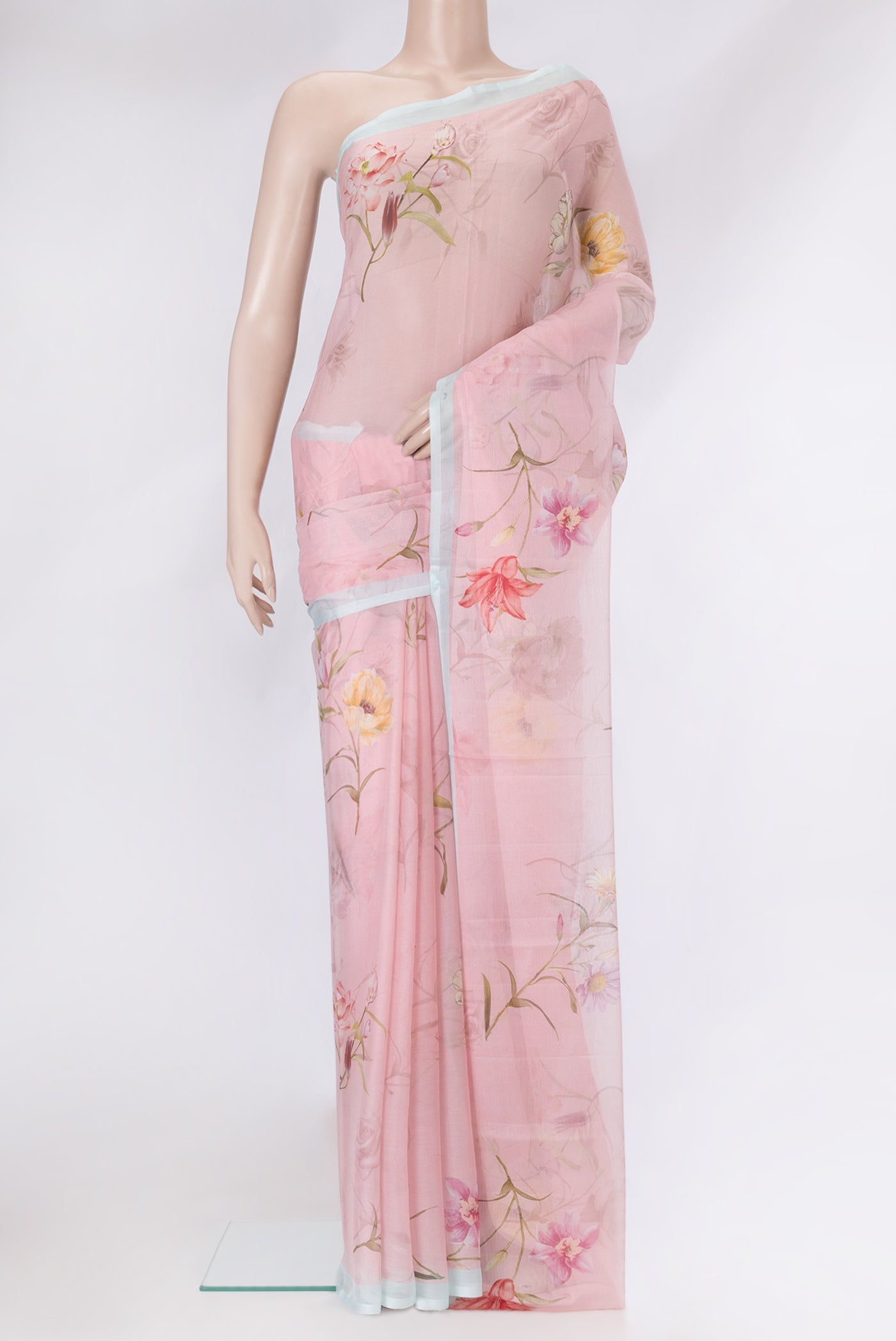 Rose pink Mysore Chiffon Saree with Printed design on the body and Plain Border.  displayed on a mannequin
