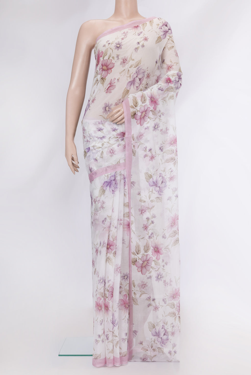 White Dual Tone Mysore Chiffon Saree with Printed design on the body and Plain Border.  displayed on a mannequin