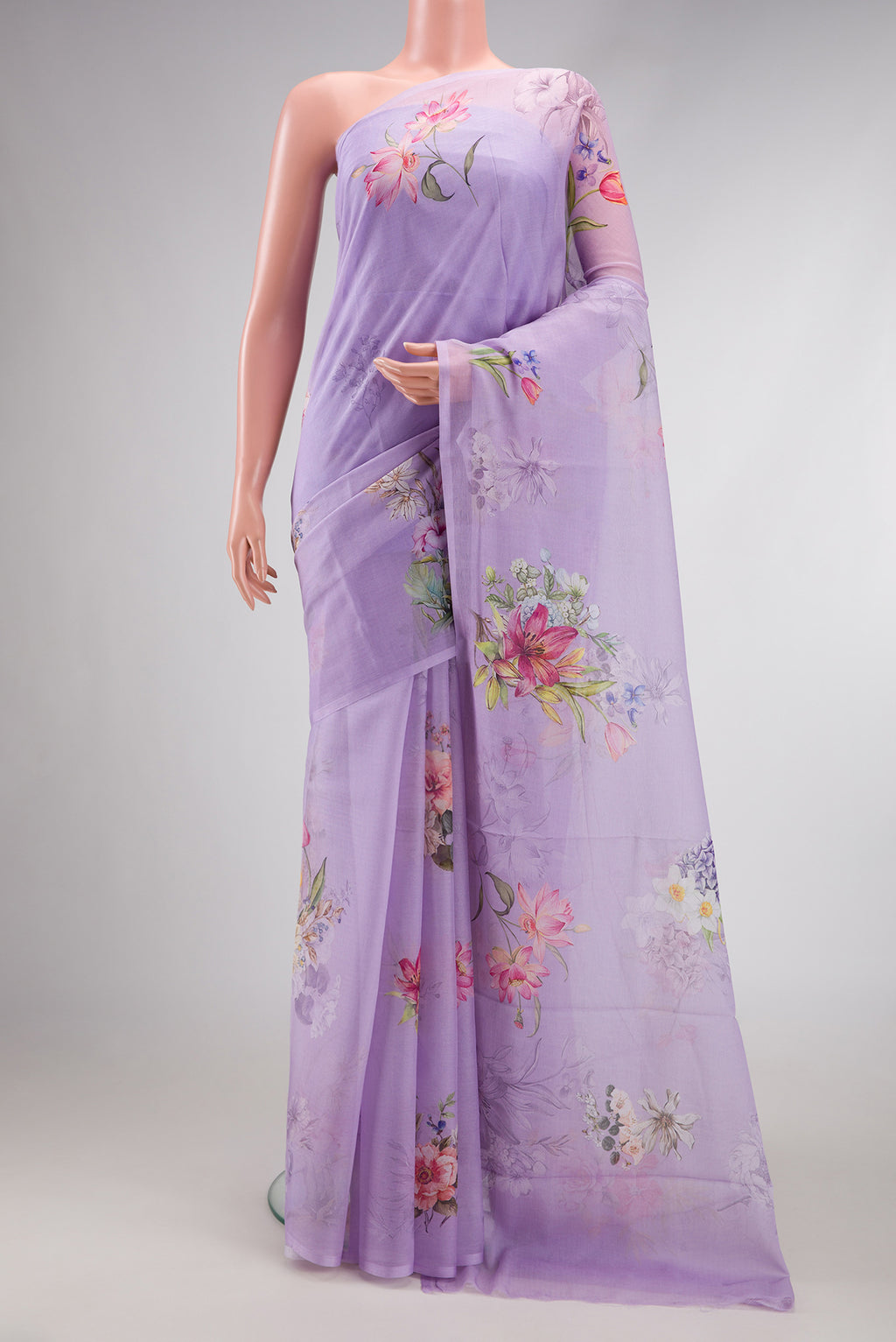 Lilac Dual Tone Mysore Chiffon Saree with Printed design on the body and Without Border.  displayed on a mannequin