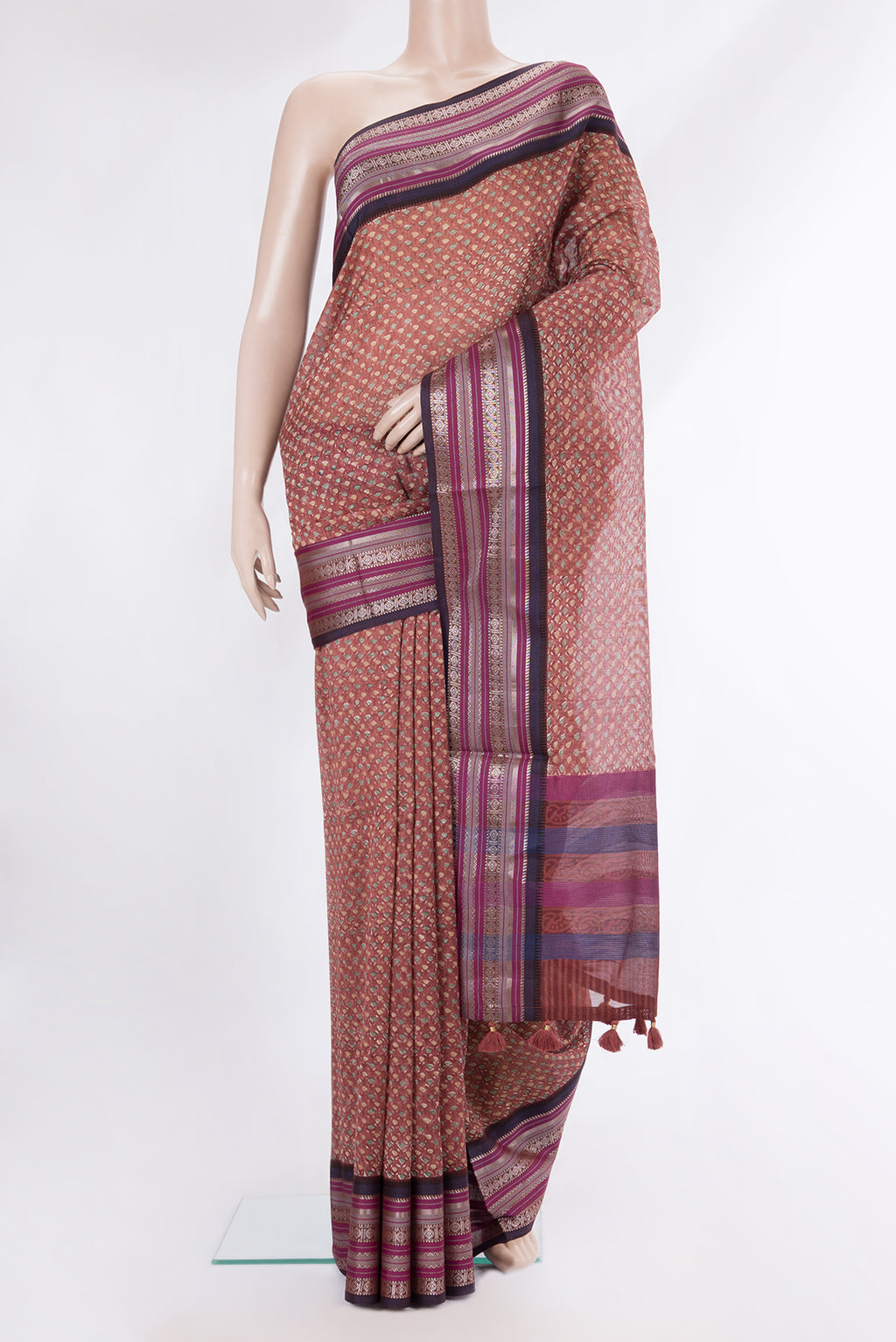 Pure Silk Brown Dual Tone Chanderi Saree with Printed design on the body and Zari And Thread Border.  displayed on a mannequin