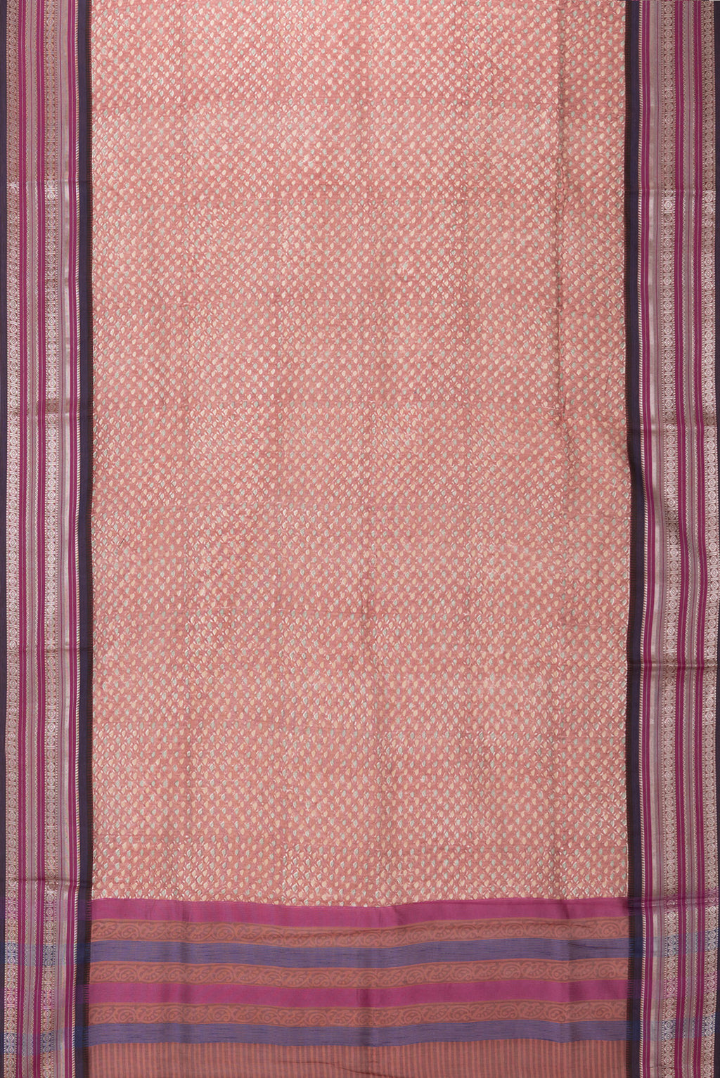 Flat view of Pure Silk Brown Dual Tone Chanderi Saree with Printed design on the body and Zari And Thread Border. 