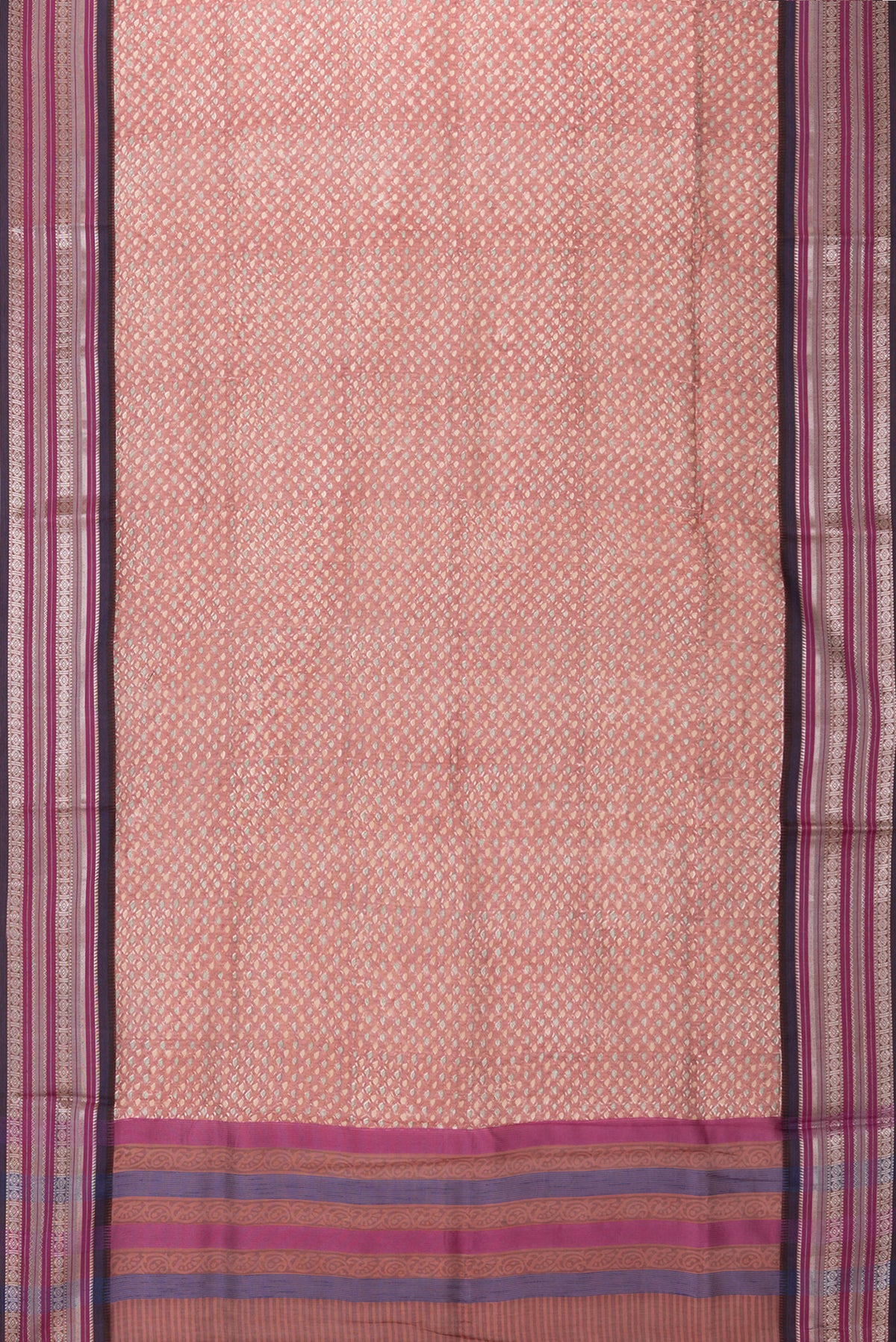Flat view of Pure Silk Brown Dual Tone Chanderi Saree with Printed design on the body and Zari And Thread Border. 
