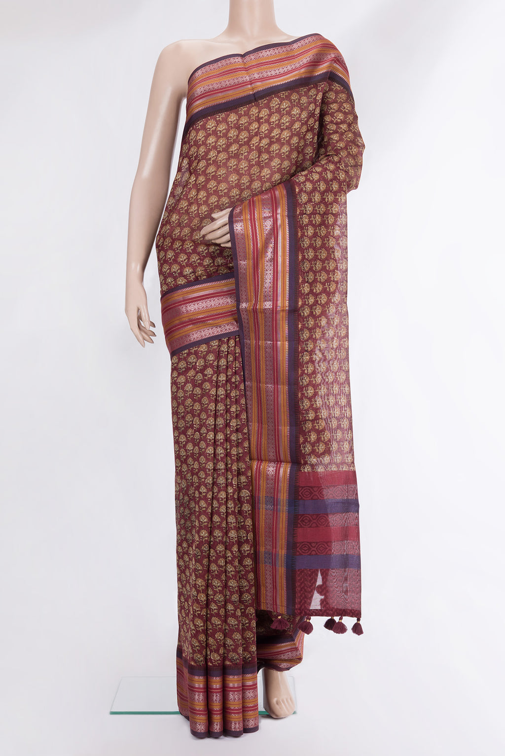 Pure Silk Maroon Dual Tone Chanderi Saree with Printed design on the body and Zari And Thread Border.  displayed on a mannequin