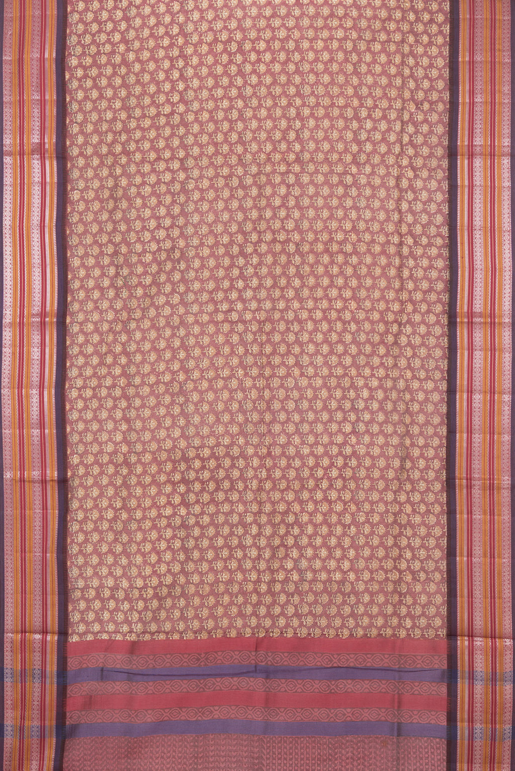 Flat view of Pure Silk Maroon Dual Tone Chanderi Saree with Printed design on the body and Zari And Thread Border. 
