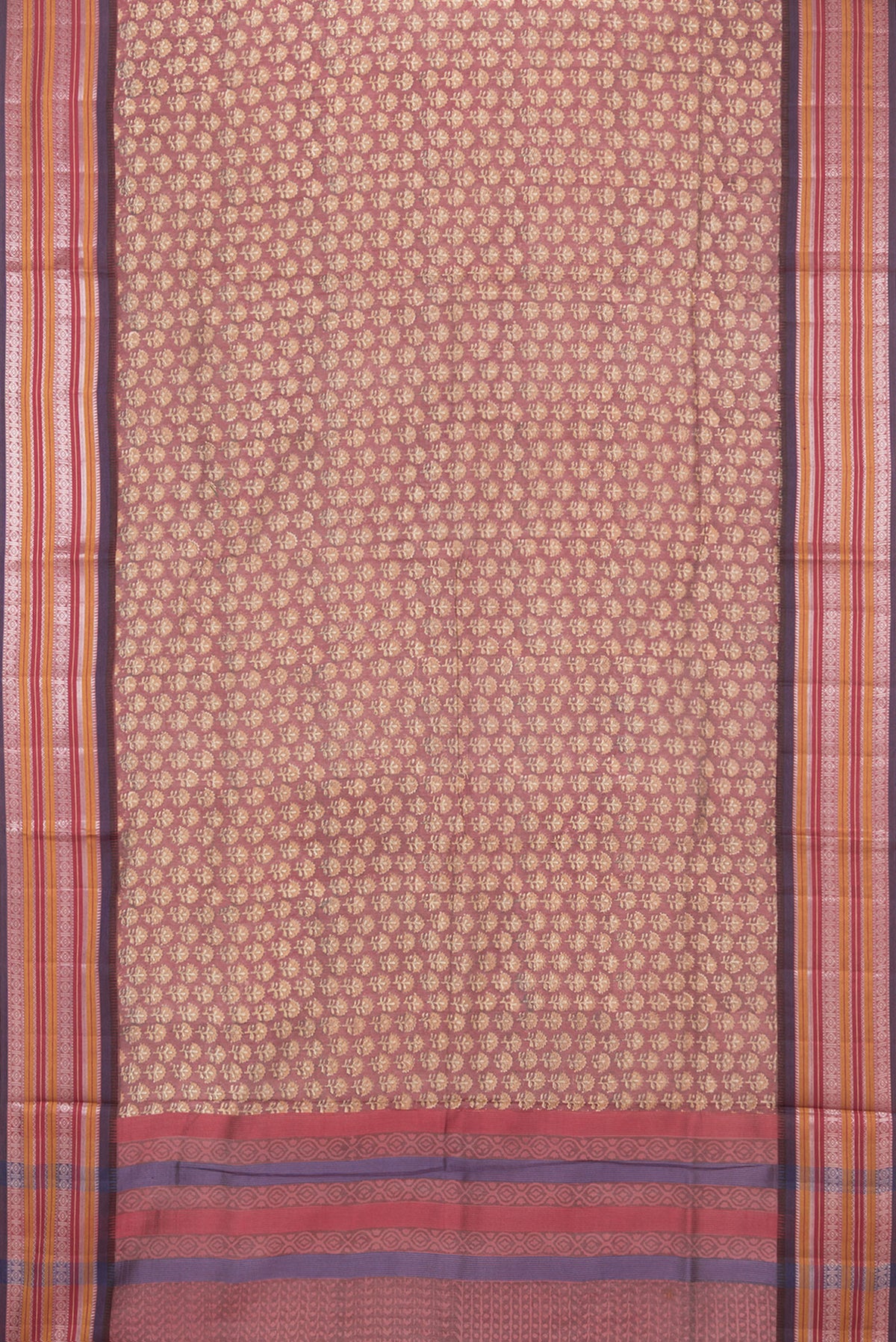 Flat view of Pure Silk Maroon Dual Tone Chanderi Saree with Printed design on the body and Zari And Thread Border. 