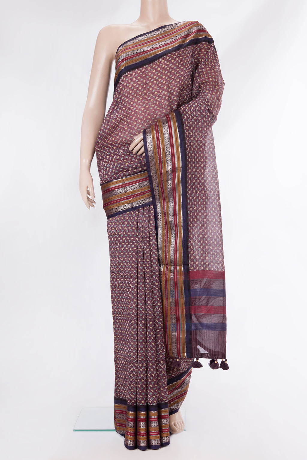 Pure Silk Purple Dual Tone Chanderi Saree with Printed design on the body and Zari And Thread Border.  displayed on a mannequin