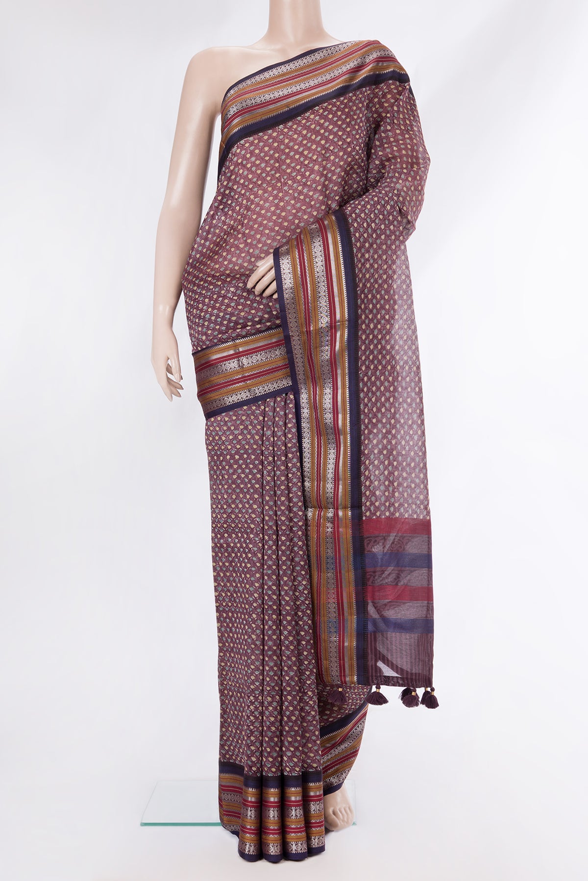 Pure Silk Purple Dual Tone Chanderi Saree with Printed design on the body and Zari And Thread Border.  displayed on a mannequin