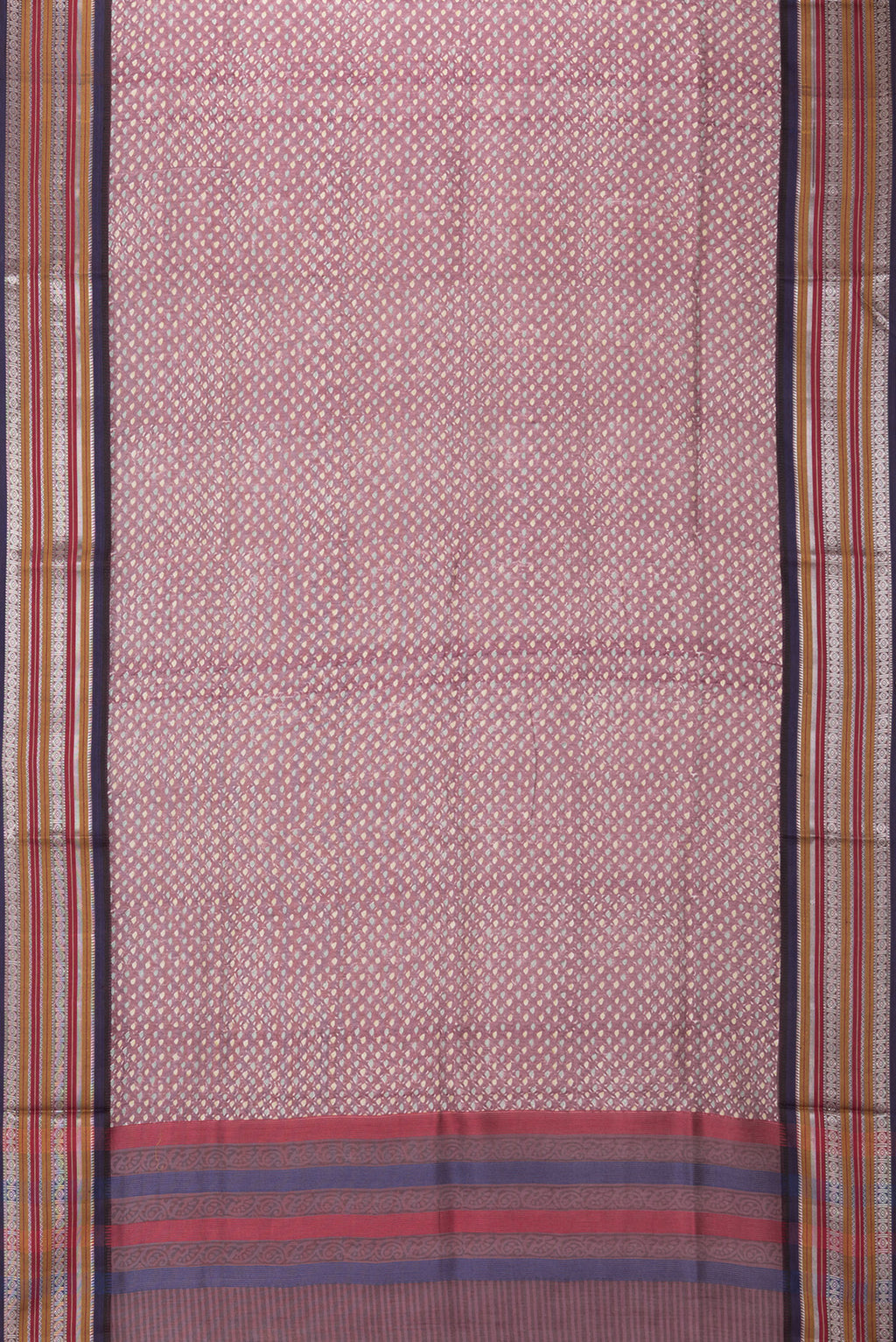 Flat view of Pure Silk Purple Dual Tone Chanderi Saree with Printed design on the body and Zari And Thread Border. 