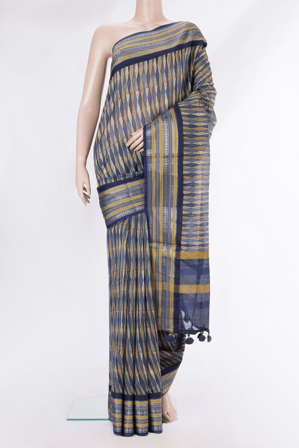 Pure Silk Navy Blue Dual Tone Chanderi Saree with Printed design on the body and Zari And Thread Border.  displayed on a mannequin