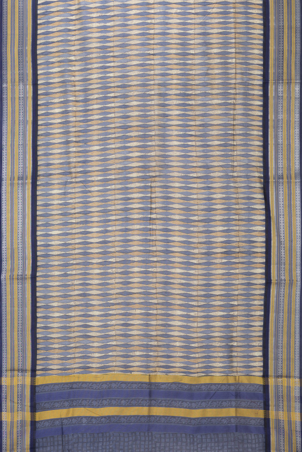 Flat view of Pure Silk Navy Blue Dual Tone Chanderi Saree with Printed design on the body and Zari And Thread Border. 