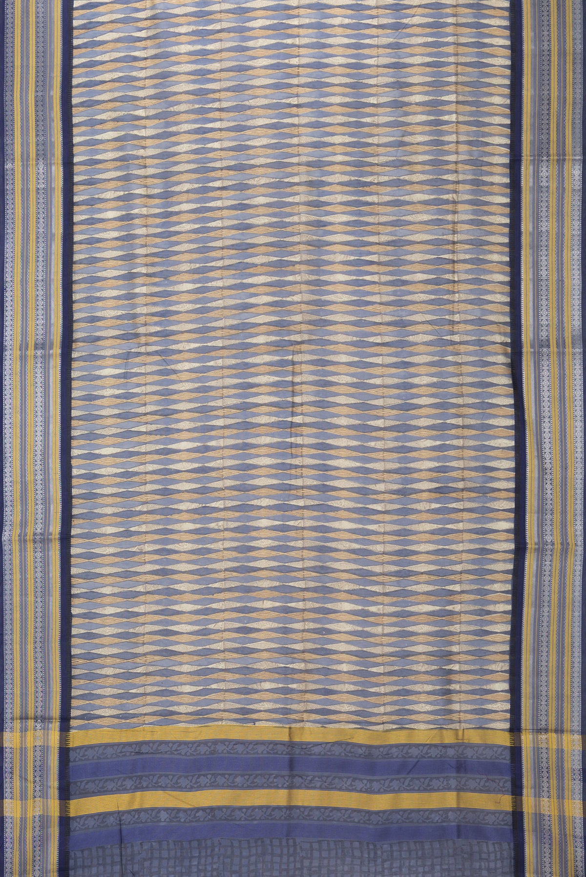 Flat view of Pure Silk Navy Blue Dual Tone Chanderi Saree with Printed design on the body and Zari And Thread Border. 