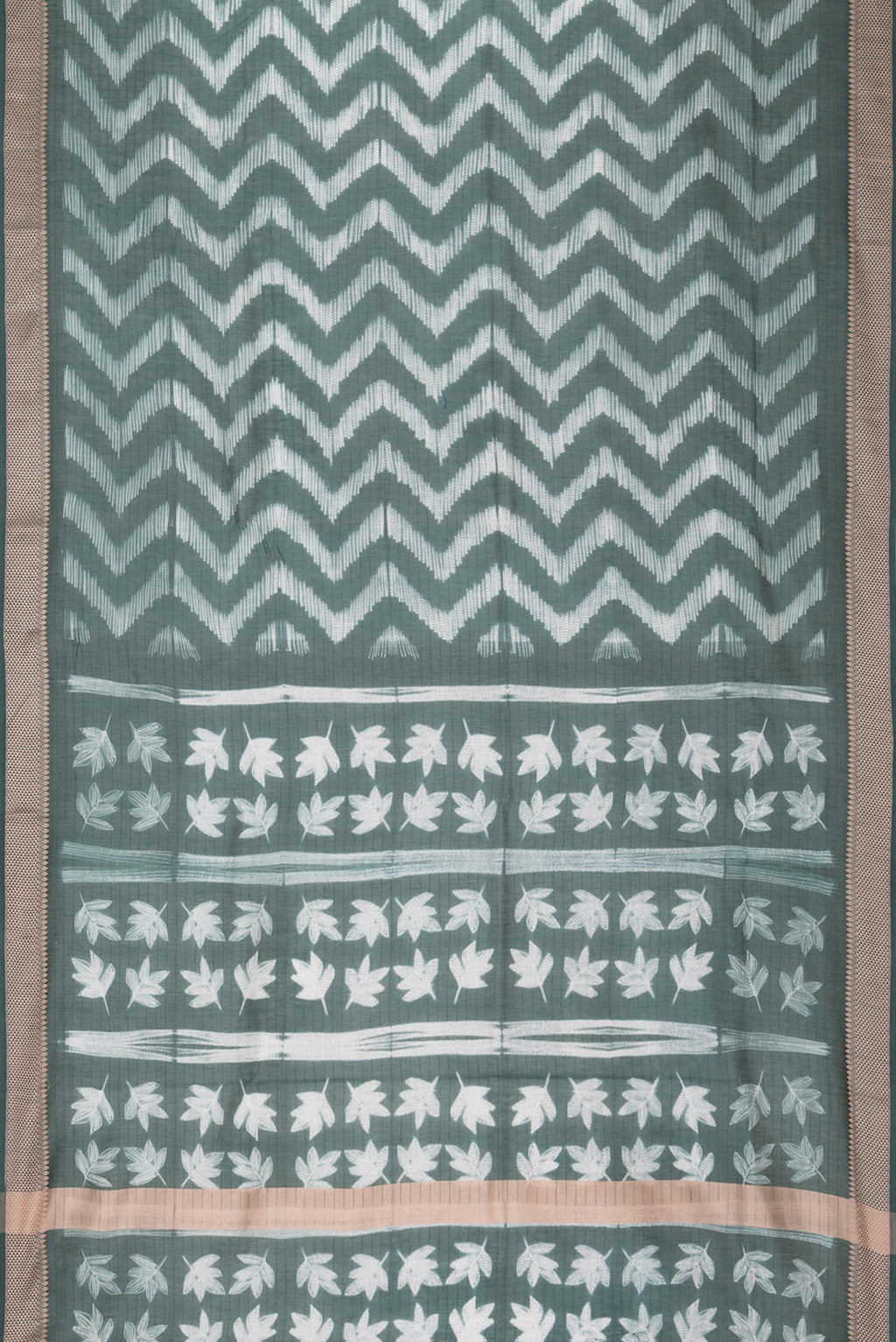 Flat view of Pure Silk Green Dual Tone Chanderi Saree with Printed design on the body and Thread Border. 