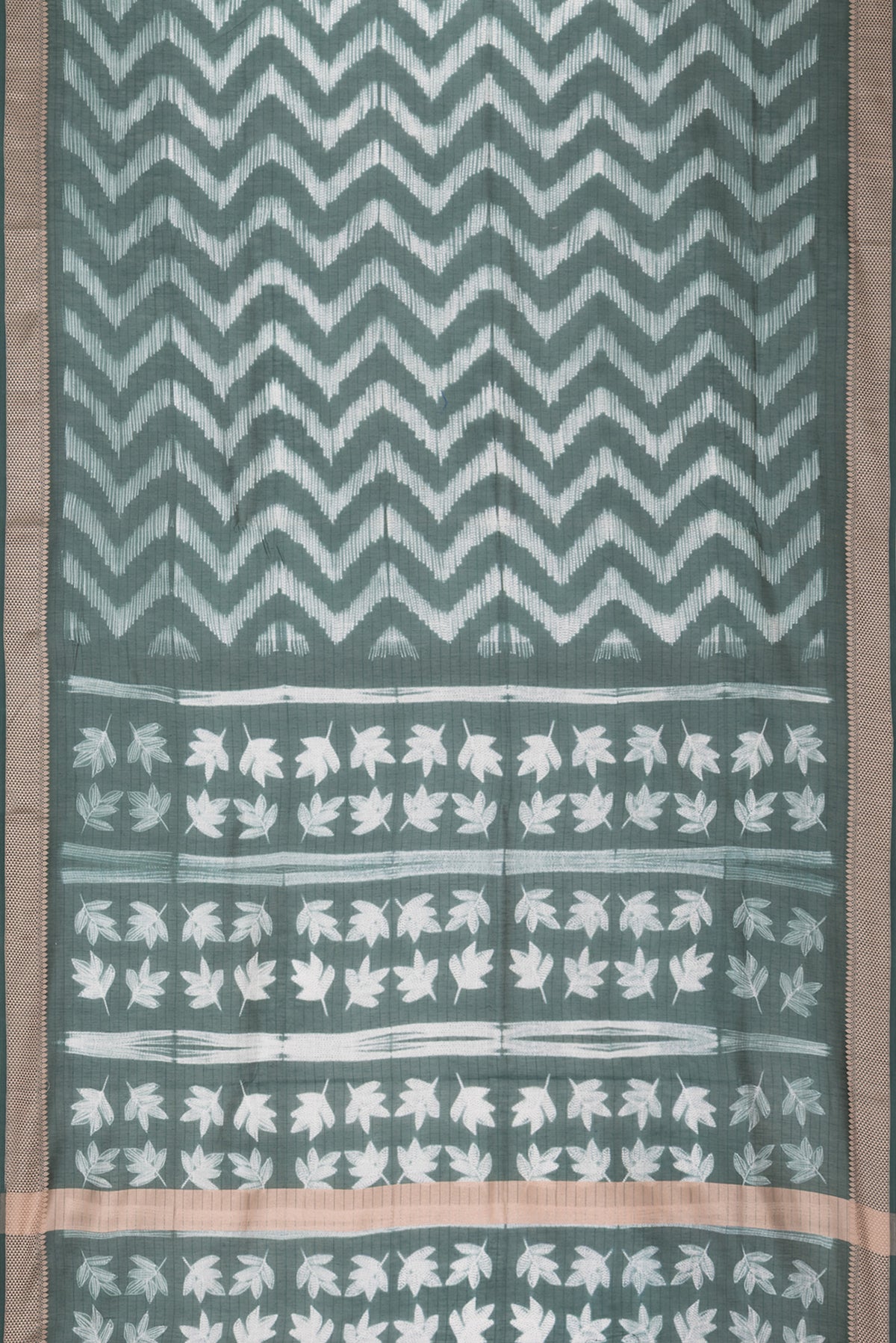 Flat view of Pure Silk Green Dual Tone Chanderi Saree with Printed design on the body and Thread Border. 