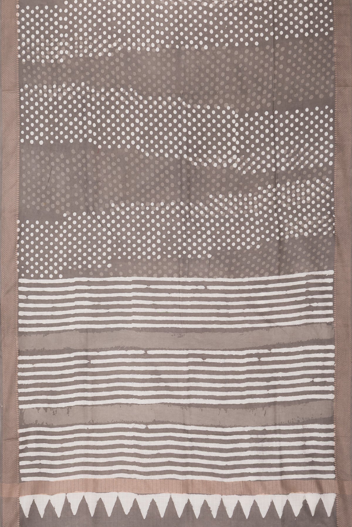 Flat view of Pure Silk Brown Dual Tone Chanderi Saree with Printed design on the body and Thread Border. 