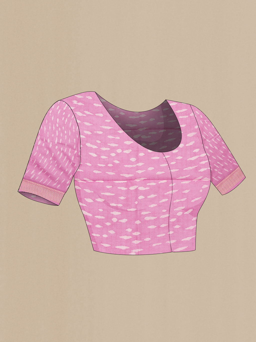 Close up image of the blouse of Pure Silk Rose pink Dual Tone Chanderi Saree with Printed design on the body and Thread Border. 