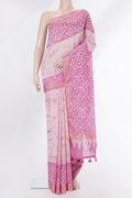 Pure Silk Rose pink Dual Tone Chanderi Saree with Printed design on the body and Thread Border.  displayed on a mannequin