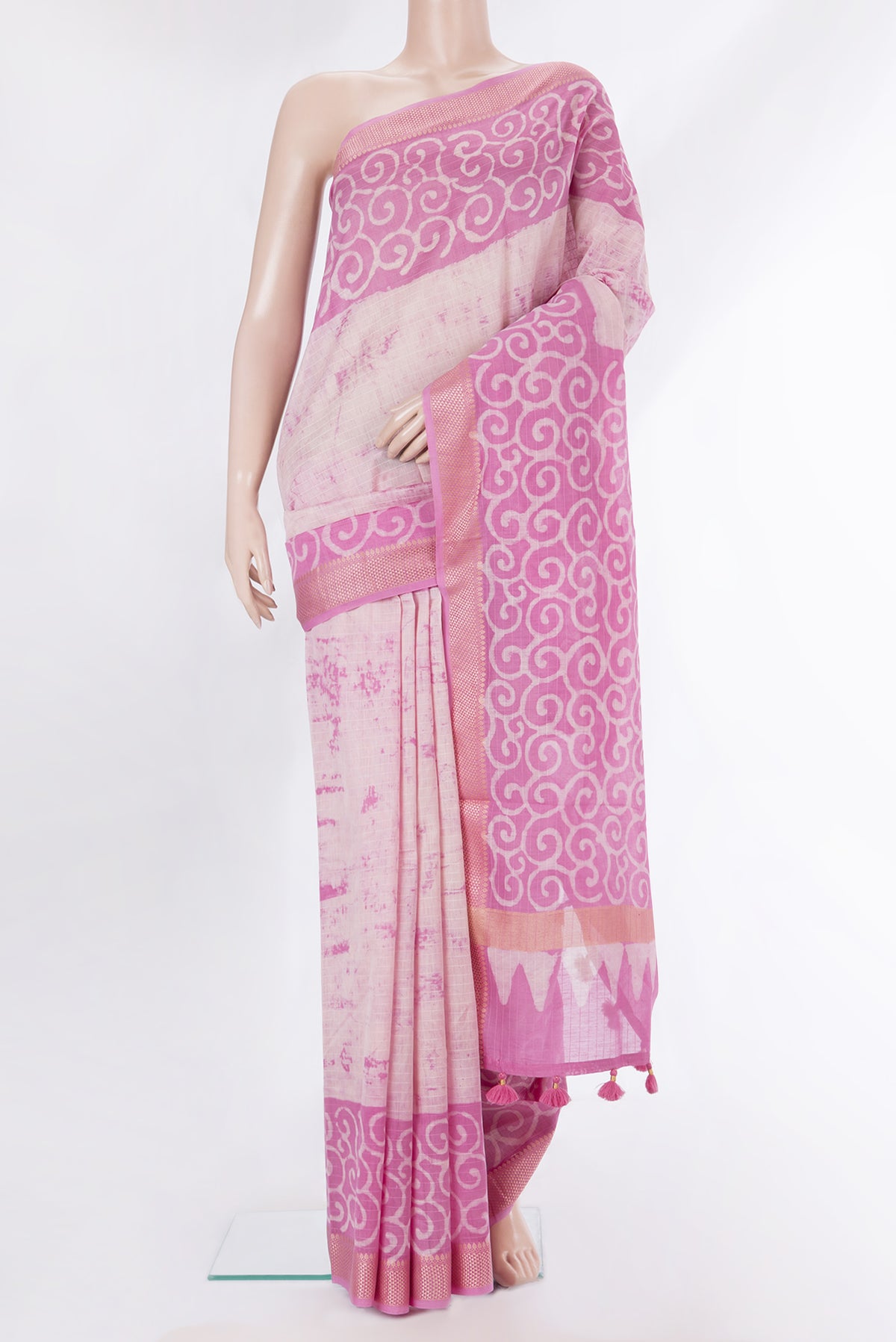 Pure Silk Rose pink Dual Tone Chanderi Saree with Printed design on the body and Thread Border.  displayed on a mannequin