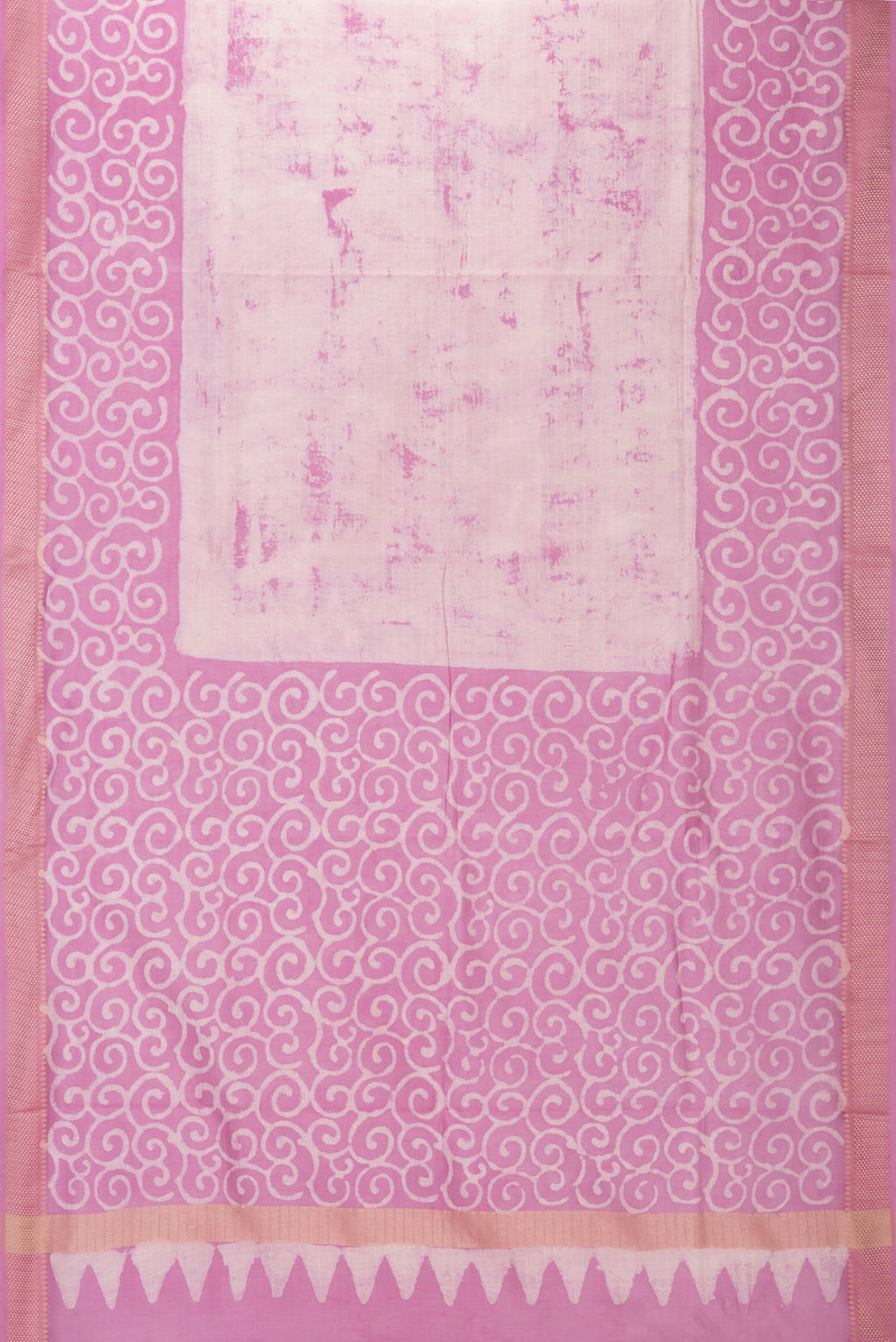 Flat view of Pure Silk Rose pink Dual Tone Chanderi Saree with Printed design on the body and Thread Border. 