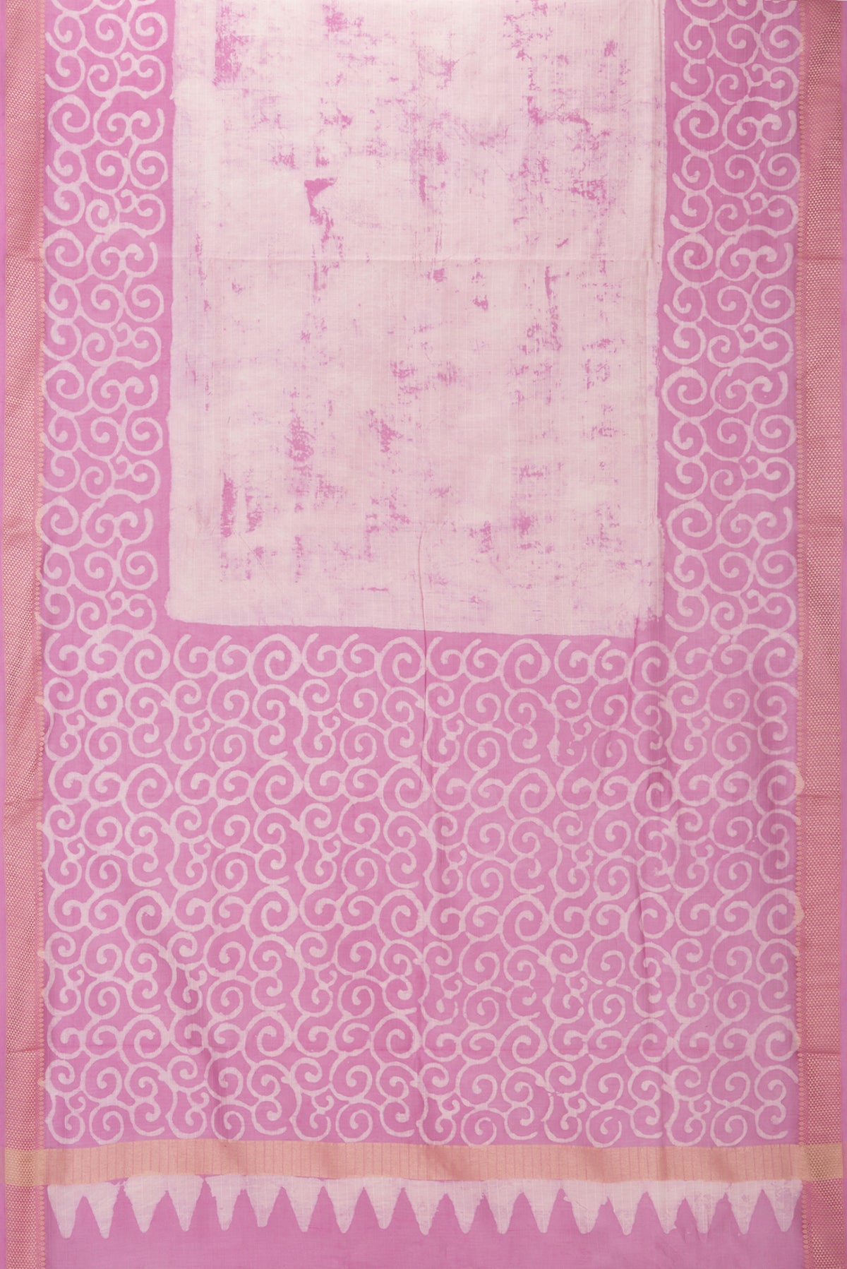 Flat view of Pure Silk Rose pink Dual Tone Chanderi Saree with Printed design on the body and Thread Border. 