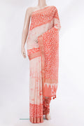 Pure Silk Golden Peach Dual Tone Chanderi Saree with Printed design on the body and Thread Border.  displayed on a mannequin