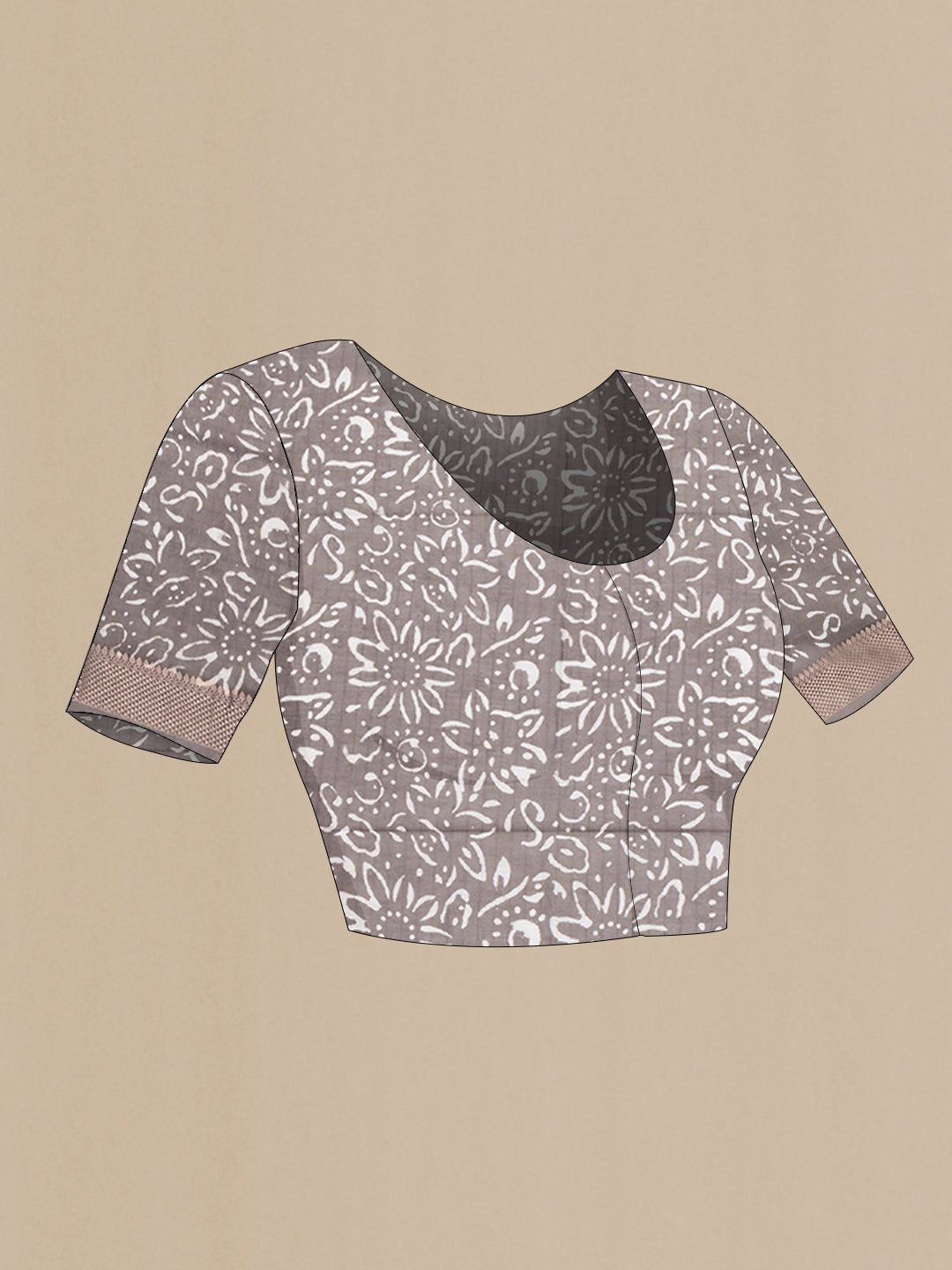 Close up image of the blouse of Grey Dual Tone Chanderi Silk Saree with Printed design on the body and Thread Border. 