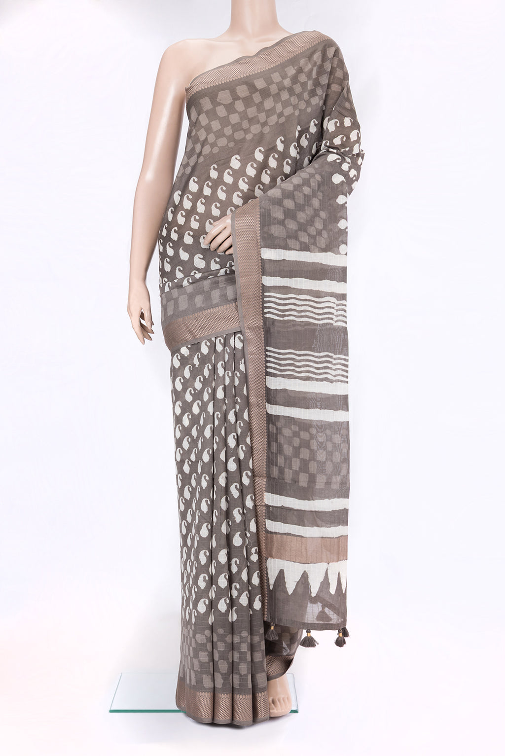 Grey Dual Tone Chanderi Silk Saree with Printed design on the body and Thread Border.  displayed on a mannequin