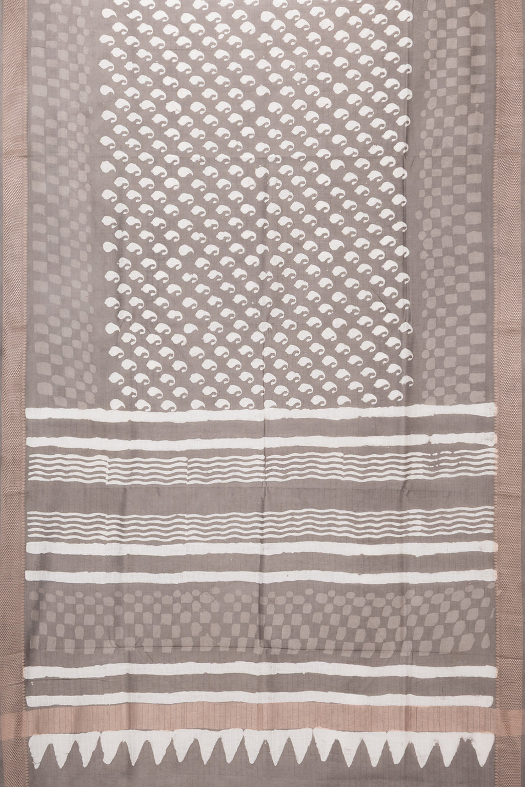 Flat view of Grey Dual Tone Chanderi Silk Saree with Printed design on the body and Thread Border. 