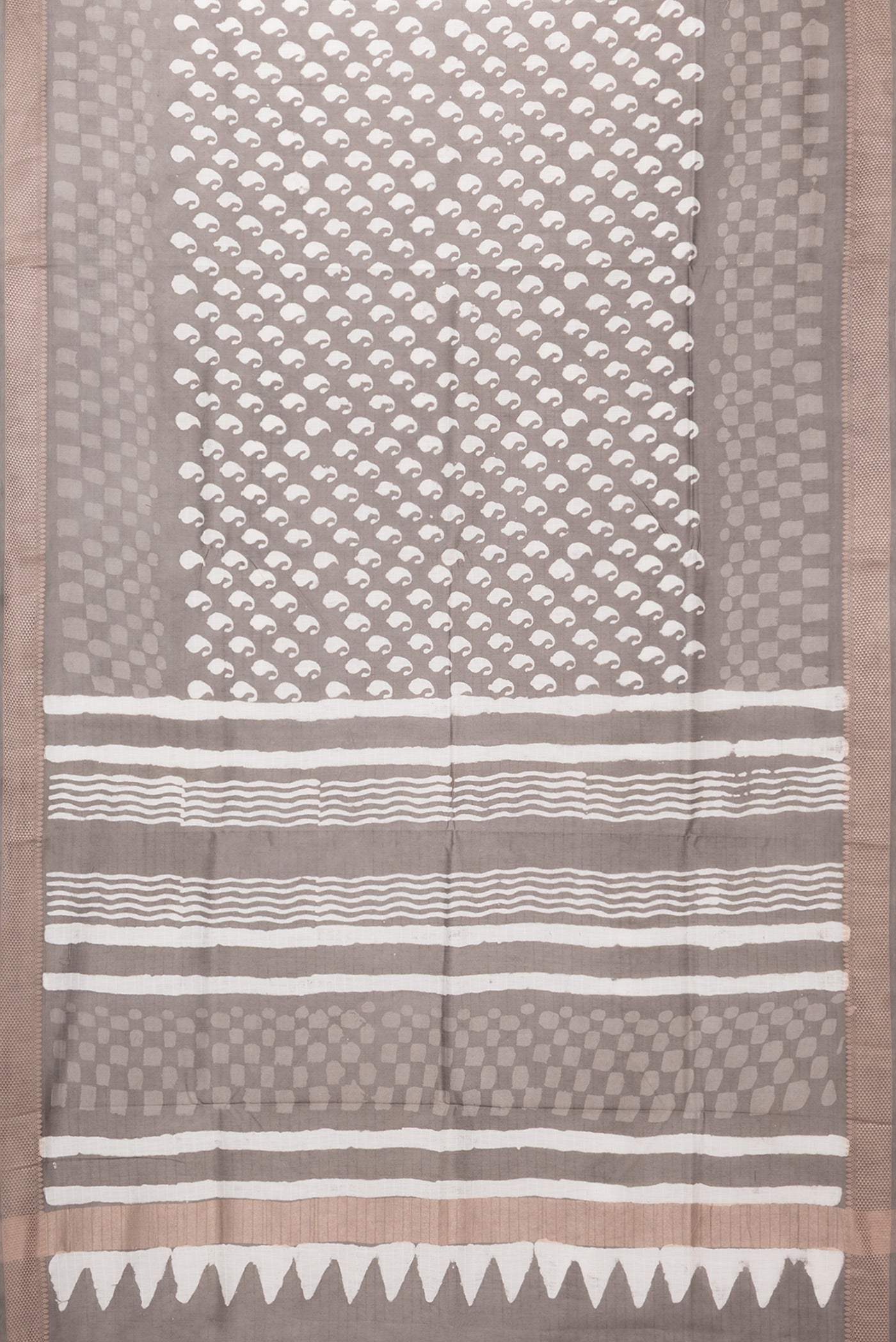 Flat view of Grey Dual Tone Chanderi Silk Saree with Printed design on the body and Thread Border. 