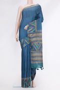 Peacock Blue Dual Tone Tussar Silk Saree with Printed design on the body and Fancy Border.  displayed on a mannequin