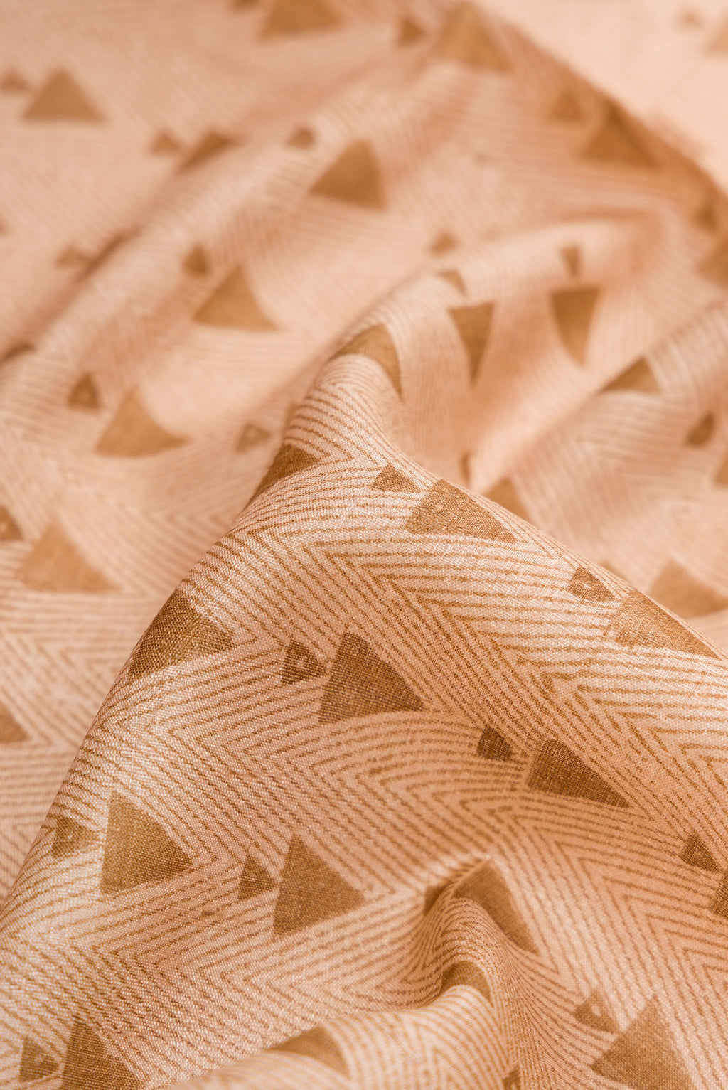 Close up of Beige Dual Tone Tussar Silk Saree with Printed design on the body and Fancy Border.  displaying folds