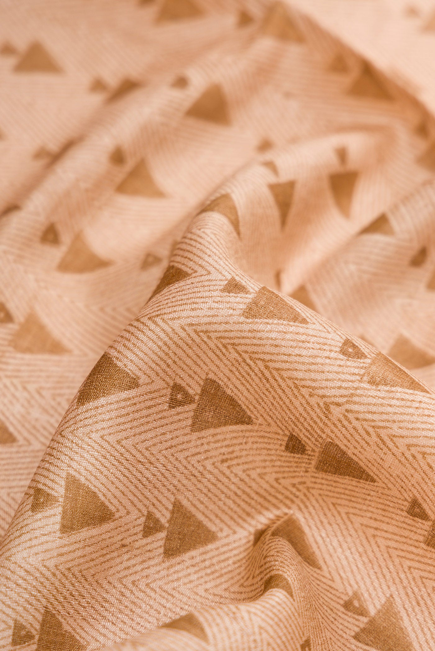 Close up of Beige Dual Tone Tussar Silk Saree with Printed design on the body and Fancy Border.  displaying folds
