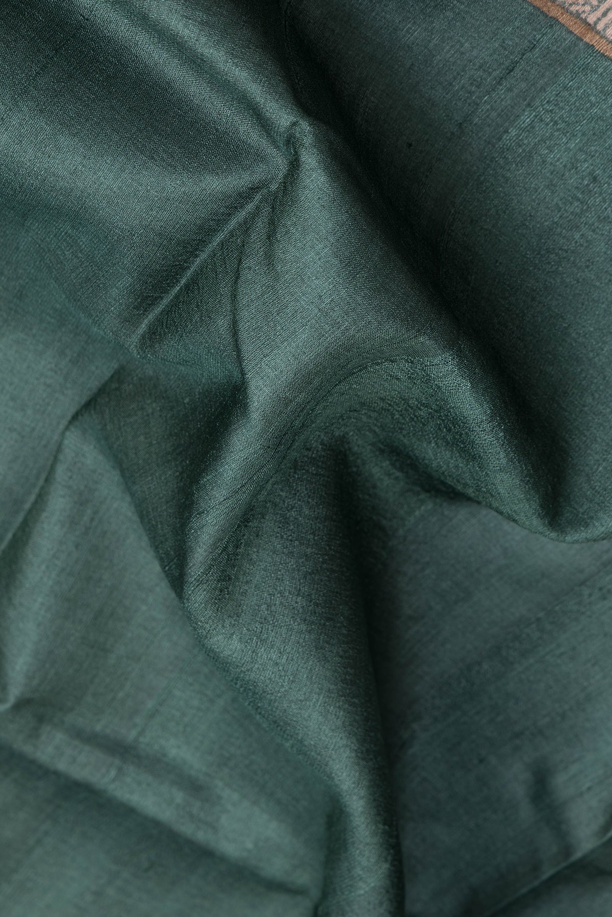 Close up of Green Dual Tone Tussar Silk Saree with Plain Body and Fancy Border.  displaying folds