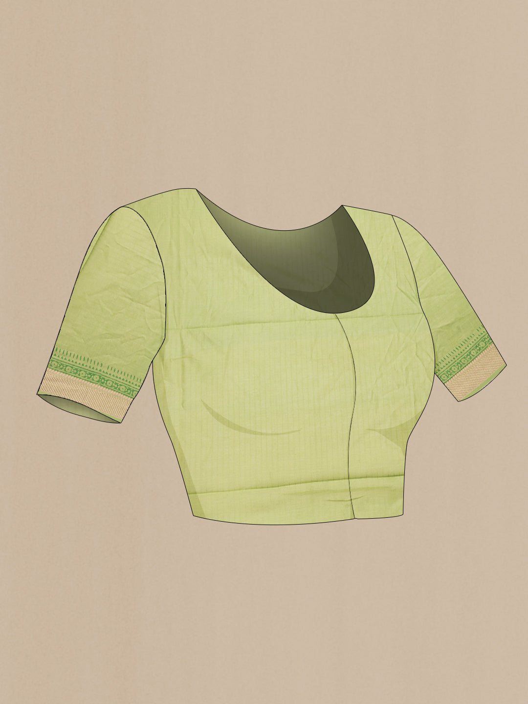 Close up image of the blouse of Green Chanderi Cotton Saree with Printed design on the body and Thread Border. 