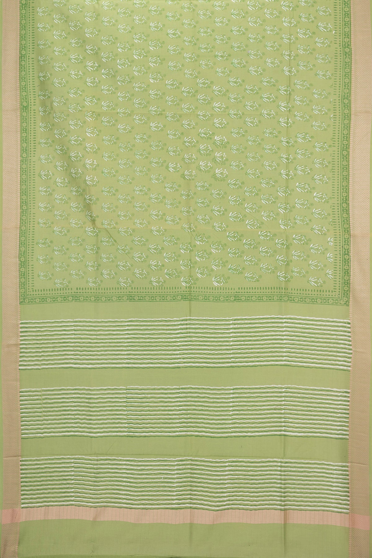 Flat view of Green Chanderi Cotton Saree with Printed design on the body and Thread Border. 