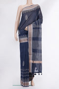 Pure Silk Navy Blue Dual Tone Chanderi Saree with Printed design on the body and Thread Border.  displayed on a mannequin