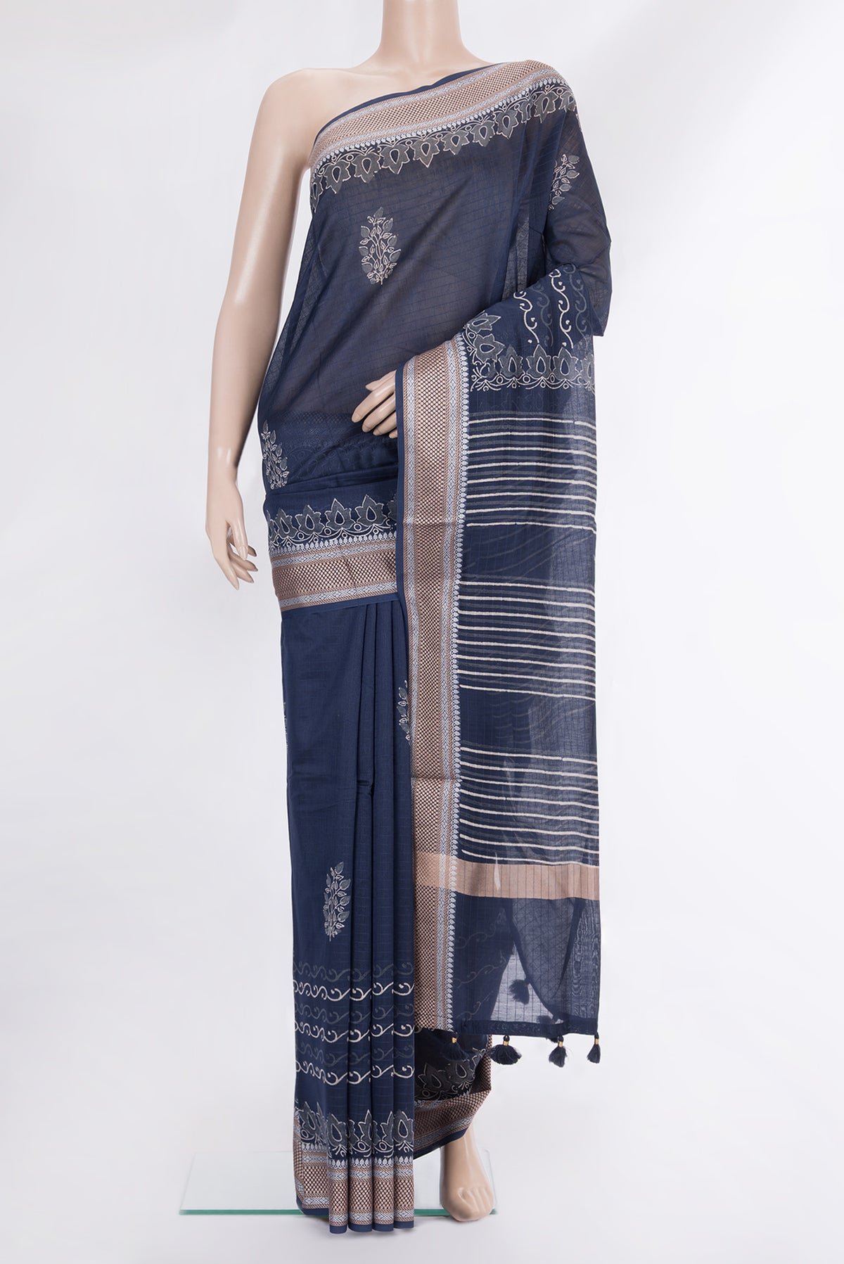 Pure Silk Navy Blue Dual Tone Chanderi Saree with Printed design on the body and Thread Border.  displayed on a mannequin