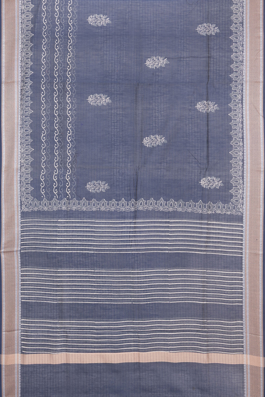 Flat view of Pure Silk Navy Blue Dual Tone Chanderi Saree with Printed design on the body and Thread Border. 