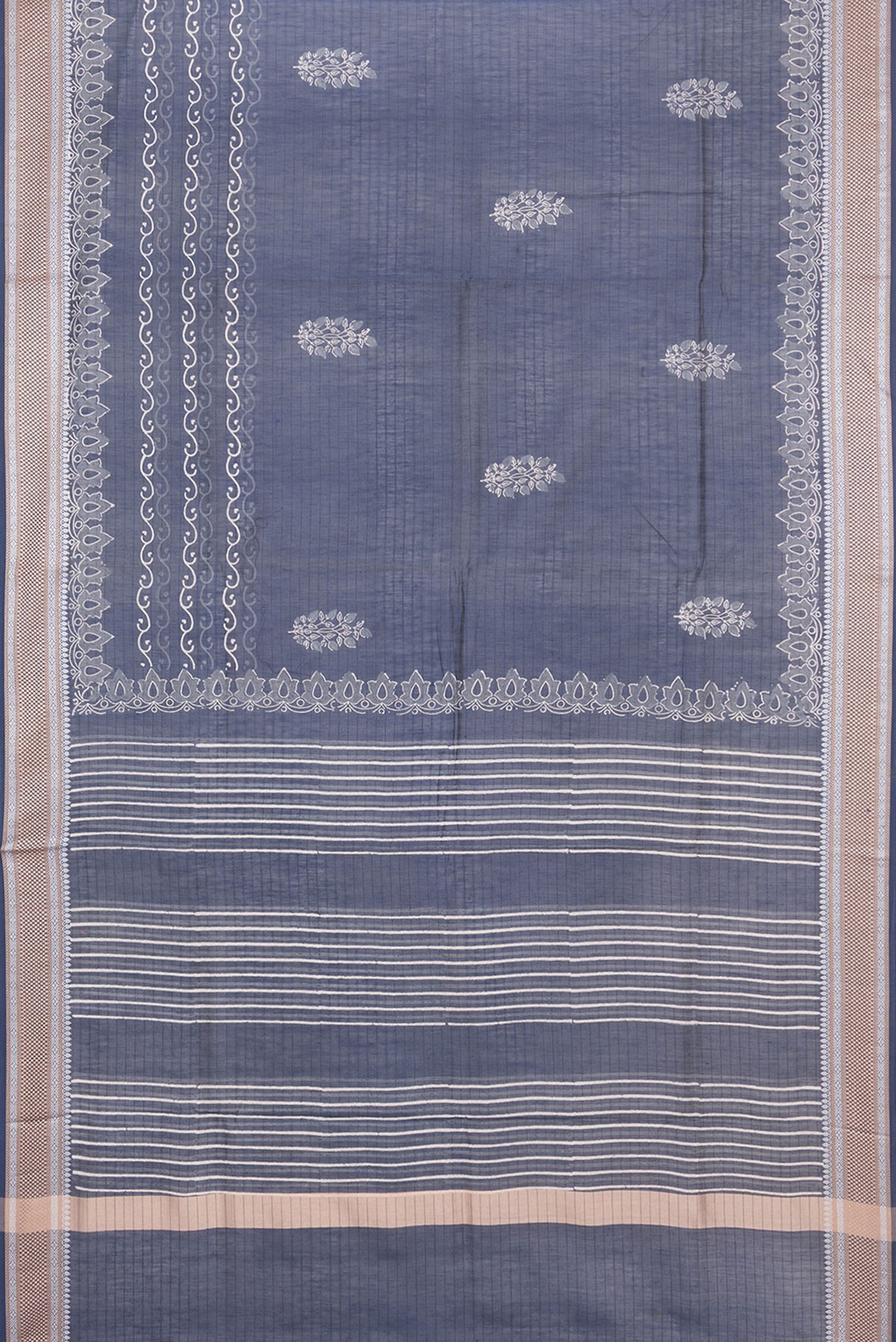 Flat view of Pure Silk Navy Blue Dual Tone Chanderi Saree with Printed design on the body and Thread Border. 
