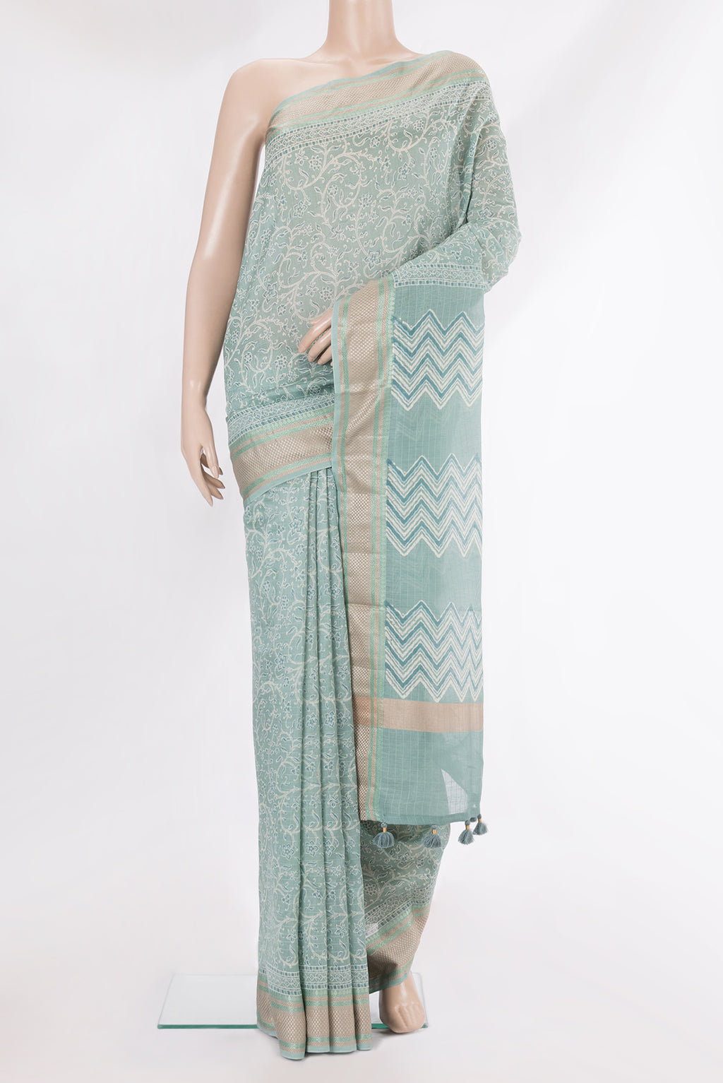 Pure Silk Light Blue Dual Tone Chanderi Saree with Printed design on the body and Thread Border.  displayed on a mannequin