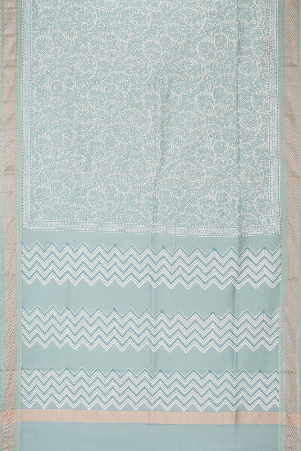 Flat view of Pure Silk Light Blue Dual Tone Chanderi Saree with Printed design on the body and Thread Border. 